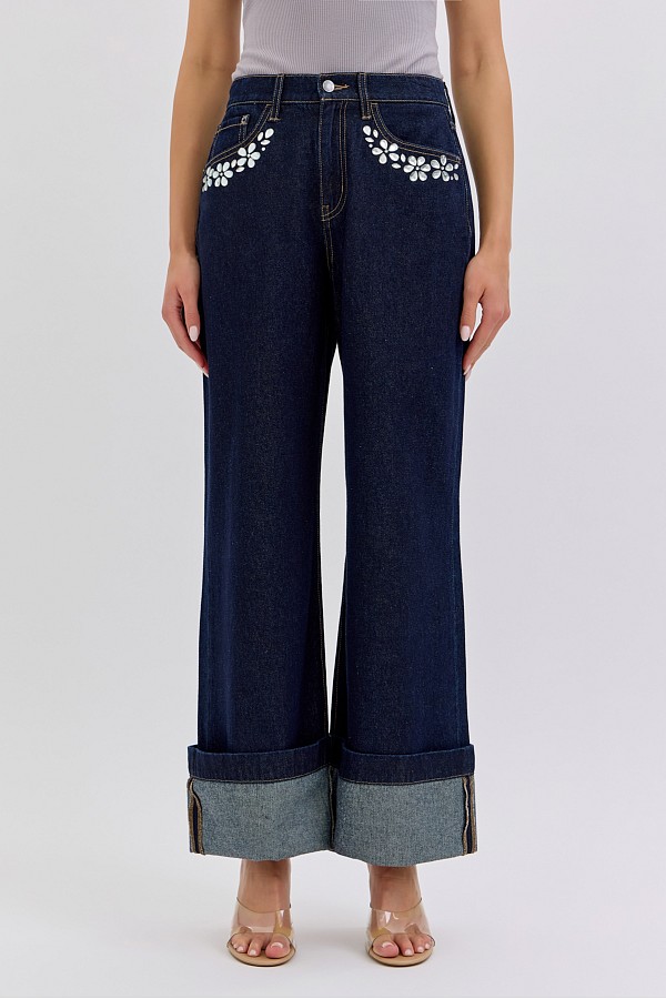 High Rise Wide Leg with Rhinestone